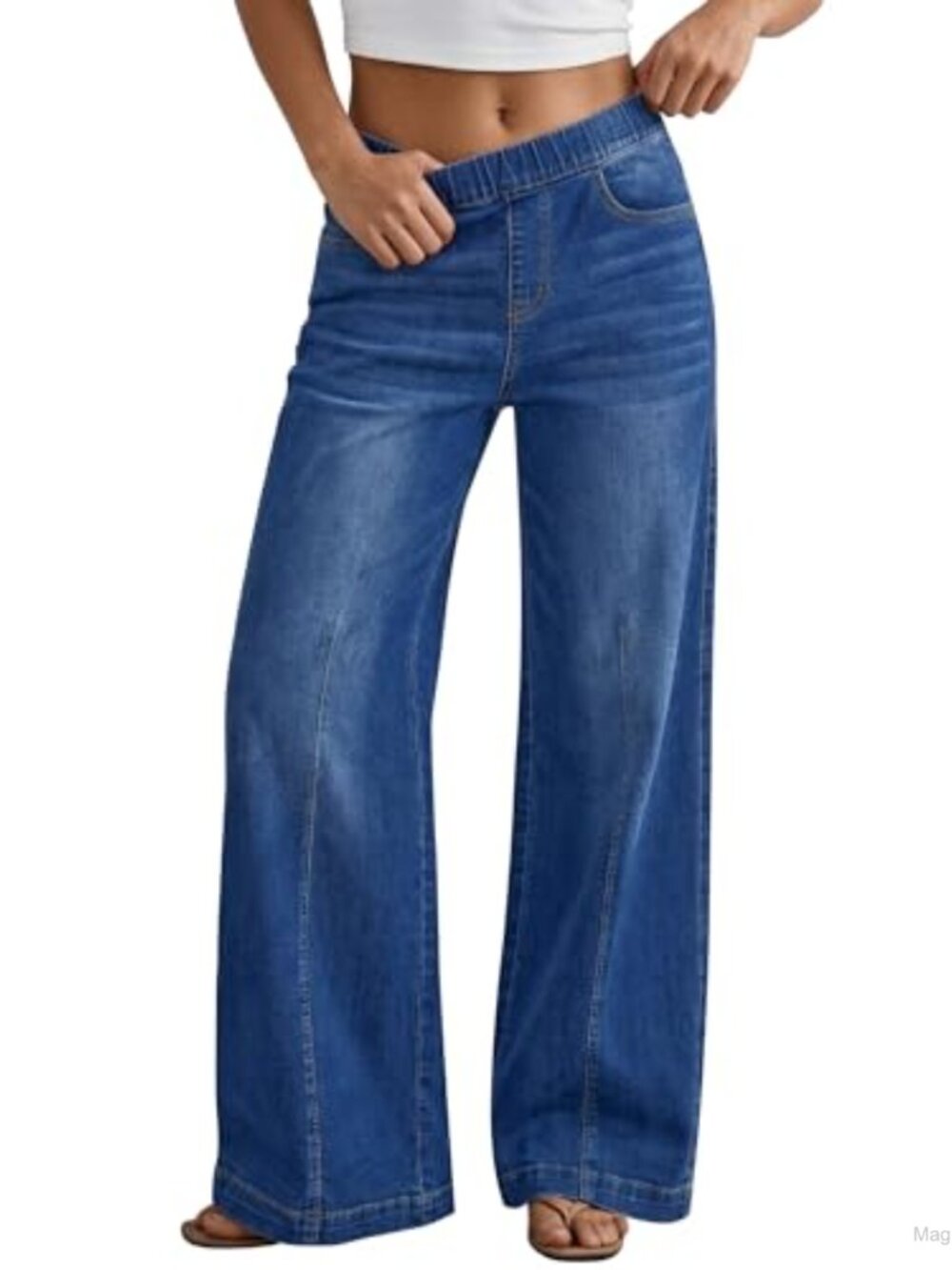 High Rise Wide Leg Pull On Jeans Stretchy Denim Pants w/ Pockets